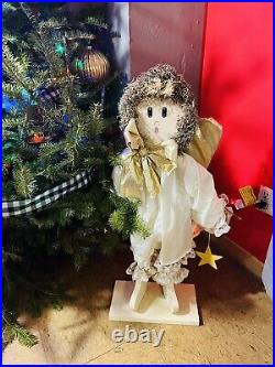Vintage christmas angel withgold wings white dress indoor large wooden handcrafted