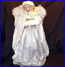 Vtg 24 inch Snow Angel Tree Topper Feather Wings Porcelain Head Sequins Large