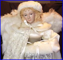 Vtg 24 inch Snow Angel Tree Topper Feather Wings Porcelain Head Sequins Large