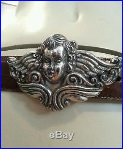 Vtg 90's Brighton Brown Leather Silver Cherub Angel with wings Belt L