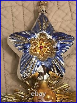 Vtg RADKO Glass Christmas OrnamentIndent Blue Star WithAngel/HarpPaper Wings