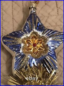Vtg RADKO Glass Christmas OrnamentIndent Blue Star WithAngel/HarpPaper Wings