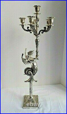 Vtg Winged Mythological Mermaid Angel Melusine Silvered Metal Candelabra Antique