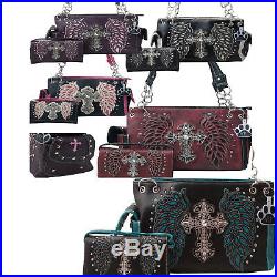 Western Handbag Concealed Carry Purse Wallet Set Cross Laser Cut Angel Wings Bag