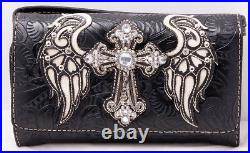 Western Rhinestone Cross Angel Wings Concealed Carry Handbag Wallet Purse Set