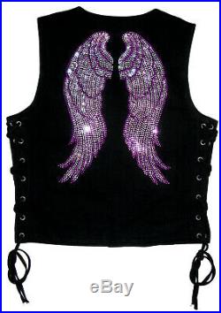 Women Black Denim Vest W Gun Pockets, Purple Rhinestone Angel Wings Biker Design