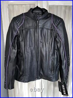 Women's Black moto Zip Out Liner Vented? Leather coat jacket size L Purple Wings