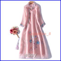 Women's Chinese Style Floral Embroidery Dress Organza Maxi Dress Ethic Cheongsam