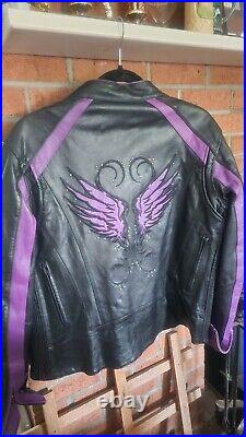 Women's Leather Jacket Black Purple Angel Wings with removable liner Size Large