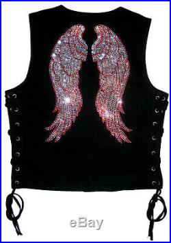 Womens Black Denim Vest W Gun Pockets, Red Rhinestone Angel Wings Biker Design
