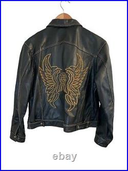 Womens Harley Davidson Black Leather Jacket Large Gold Stitching Angel Wings