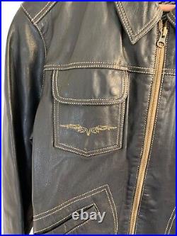 Womens Harley Davidson Black Leather Jacket Large Gold Stitching Angel Wings