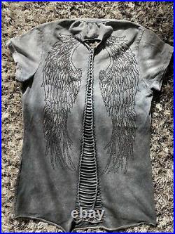 Womens Philipp Plein Angel Wings Grey Fade to Black T Shirt Size Large