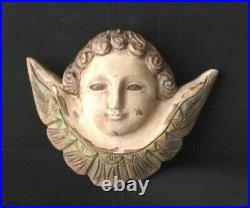 Wooden Hand Carved PUTTI ANGEL CHERUB Large Face Green Wings Folk Art Plaque 3D