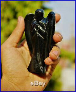 X-Large 100MM Black Tourmaline Angel Reiki Gemstone Handcarve Figurine Wings