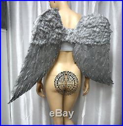 X Large Silver Rhinestone Angel Wings Dance Costume Rave Bra Cosplay MTO