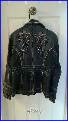 ZENIM Denim rhinestone angel wings vintage style jacket L Large
