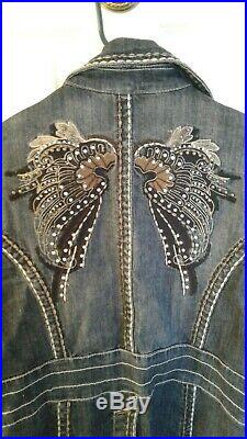 ZENIM Denim rhinestone angel wings vintage style jacket L Large