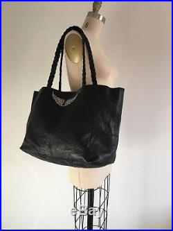 Zadig Voltaire XL Black Leather Tote Bag Angel Wing Jumbo Nailhead Studded