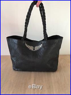 Zadig Voltaire XL Black Leather Tote Bag Angel Wing Jumbo Nailhead Studded