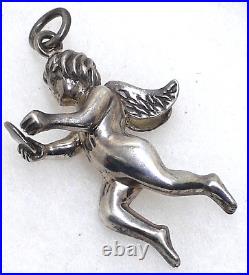 Zina Large 29 Grams Sterling Silver 925 3-D Winged Cupid with Heart Pendant 2.5